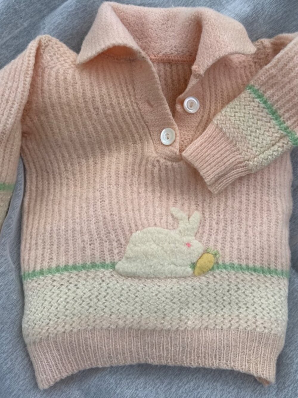 Vintage Hand Knit Baby Sweater Pink Bunny Rabbit Easter Infant Cardigan